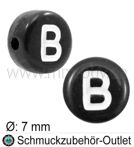 Buchstabenperlen „B“, schwarz, Acryl, Ø: 7 mm, 5 Stück