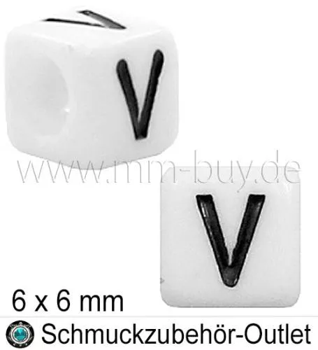 Buchstabenperlen „V“, Würfel, weiß, Ø: 6x6 mm, 5 Stück