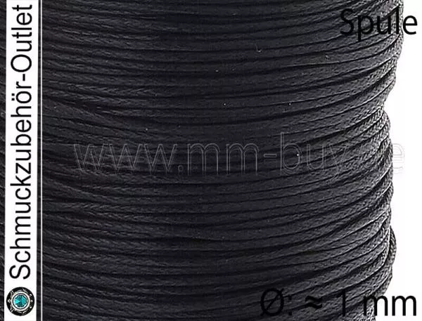 Baumwollband, gewachst, schwarz, Ø: ≈ 1 mm, 1 Spule (60 Meter)