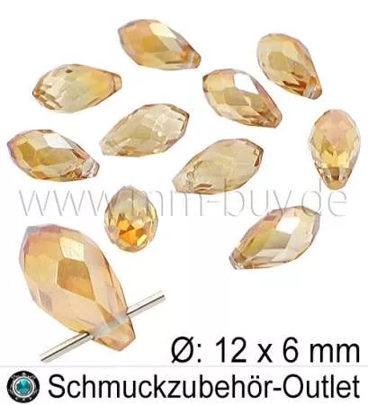 Glasschliffperlen, Tropfen, Lüster-Topas, Ø: 12x6 mm, 10 Stück