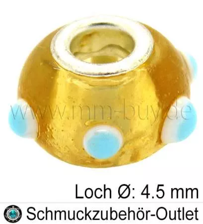 Großlochperlen, Glas, gelb, Ø: 14 x 10 mm, Loch Ø: 4,5 mm, 1 Stück