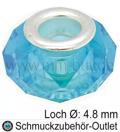 Großlochperlen, Glas, türkis, Ø: 14x9mm, Loch: 4,8 mm, 1 Stück