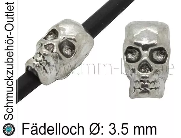 Metall Großlochperlen Schädel silberfarben (Fädelloch Ø: 3.5 mm), 1 Stück