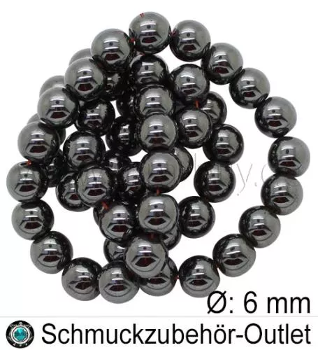 Hämatitperlen, rund, schwarz, Ø: ca. 6 mm, 1 Strang