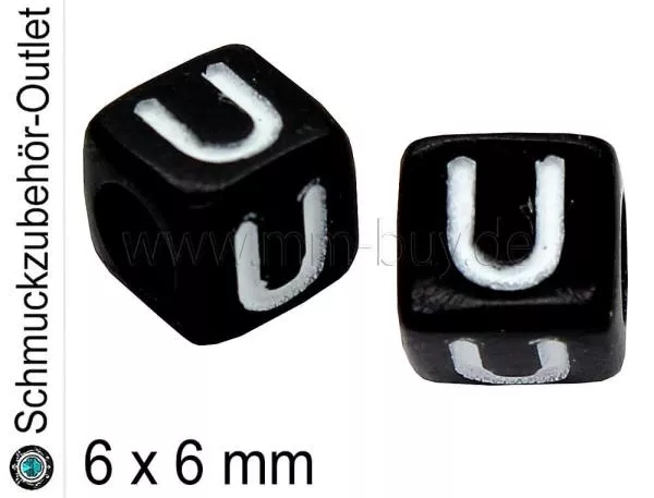 Buchstabenperlen „U“, Würfel, schwarz, Ø: 6x6 mm, 5 Stück