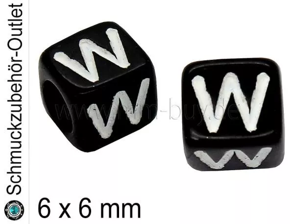 Buchstabenperlen „W“, Würfel, schwarz, Ø: 6x6 mm, 5 Stück