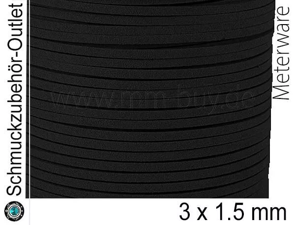 Flaches Band, Wildlederoptik, schwarz, 3 x 1.5 mm, 1 Meter