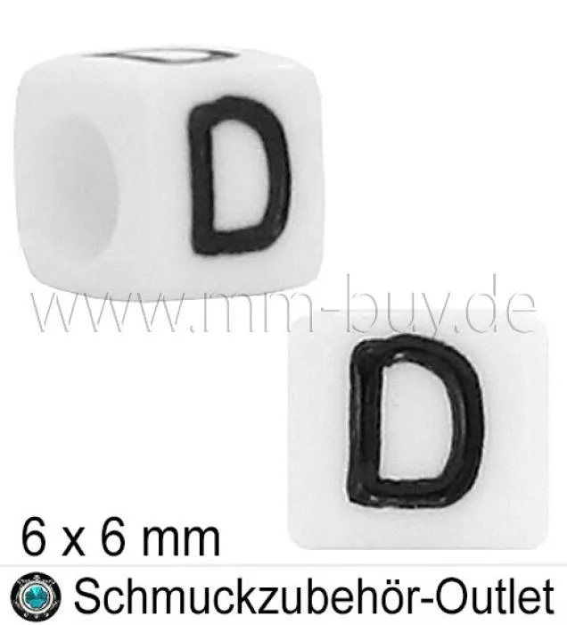 Buchstabenperlen „D“, Würfel, weiß, Ø: 6x6 mm, 5 Stück