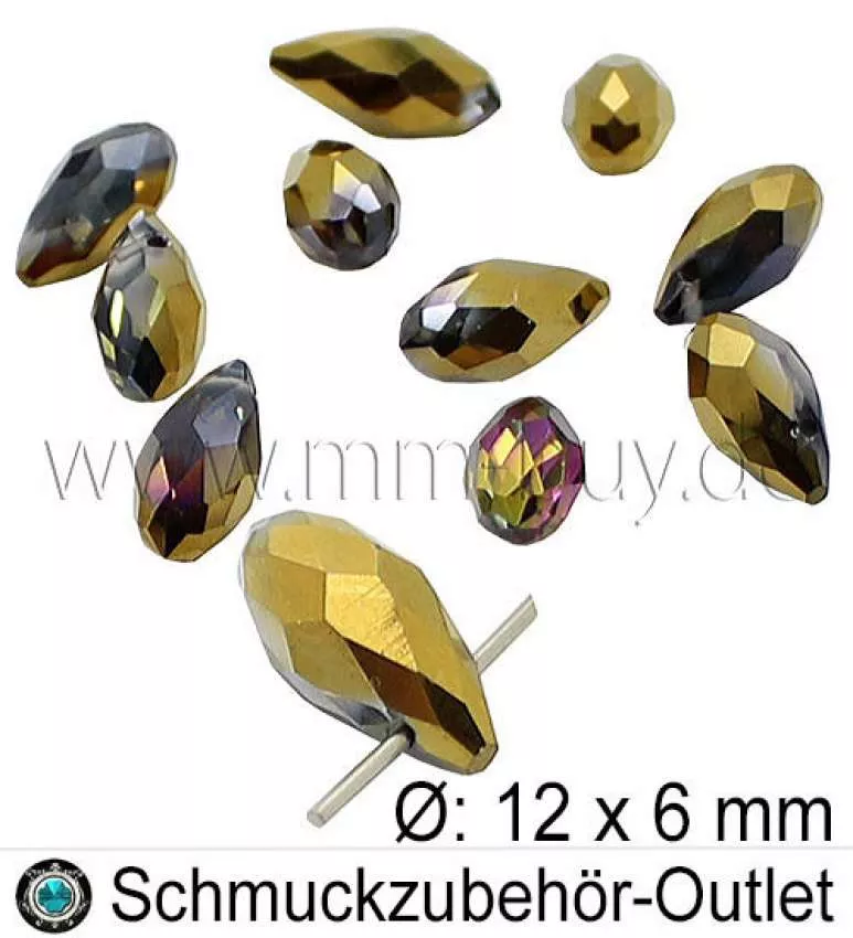 Glasschliffperlen, Tropfen, Lüster-gold, Ø: 12x6 mm, 10 Stück
