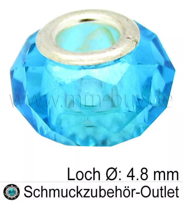 Großlochperlen, Glas, türkis, Ø: 14x8mm, Loch: 4,8 mm, 1 Stück