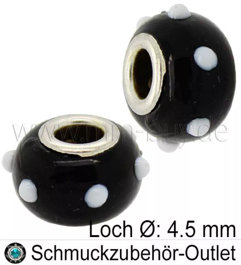 Großlochperlen, Glas, schwarz, Ø: 14 x 10 mm, Loch Ø: 4,5 mm, 1 Stück